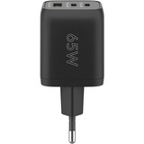 goobay USB-C Schnellladegerät Nano, PD, GaN, 65 Watt, USB-C Textilkabel schwarz, 1x USB-A, 2x USB-C PD, Quick Charge 3.0, 1 Meter Kabel