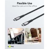 goobay USB-C Schnellladegerät Nano, PD, GaN, 65 Watt, USB-C Textilkabel schwarz, 1x USB-A, 2x USB-C PD, Quick Charge 3.0, 1 Meter Kabel