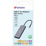 Verbatim USB-C Pro Multiport-Hub CMH-14, 14 Port, Dockingstation grau, 2x HDMI, VGA, RJ-45, 5x USB-A, Audio, 2x USB-C, PD, SD, microSD